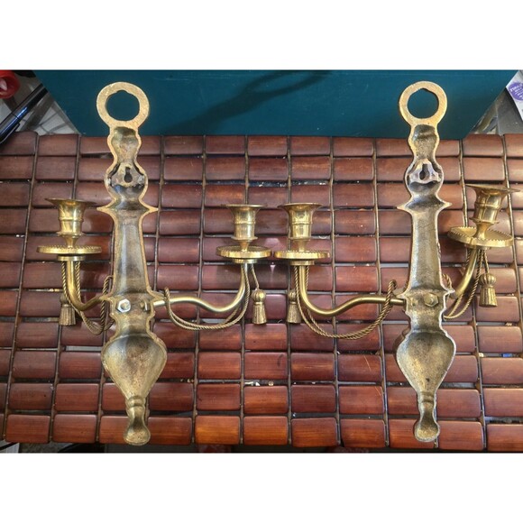 Pair of Brass 2 Candle Sconce Candleholder Set Ornate w/ Tassels 12"x9.5"x4" - Picture 4 of 4